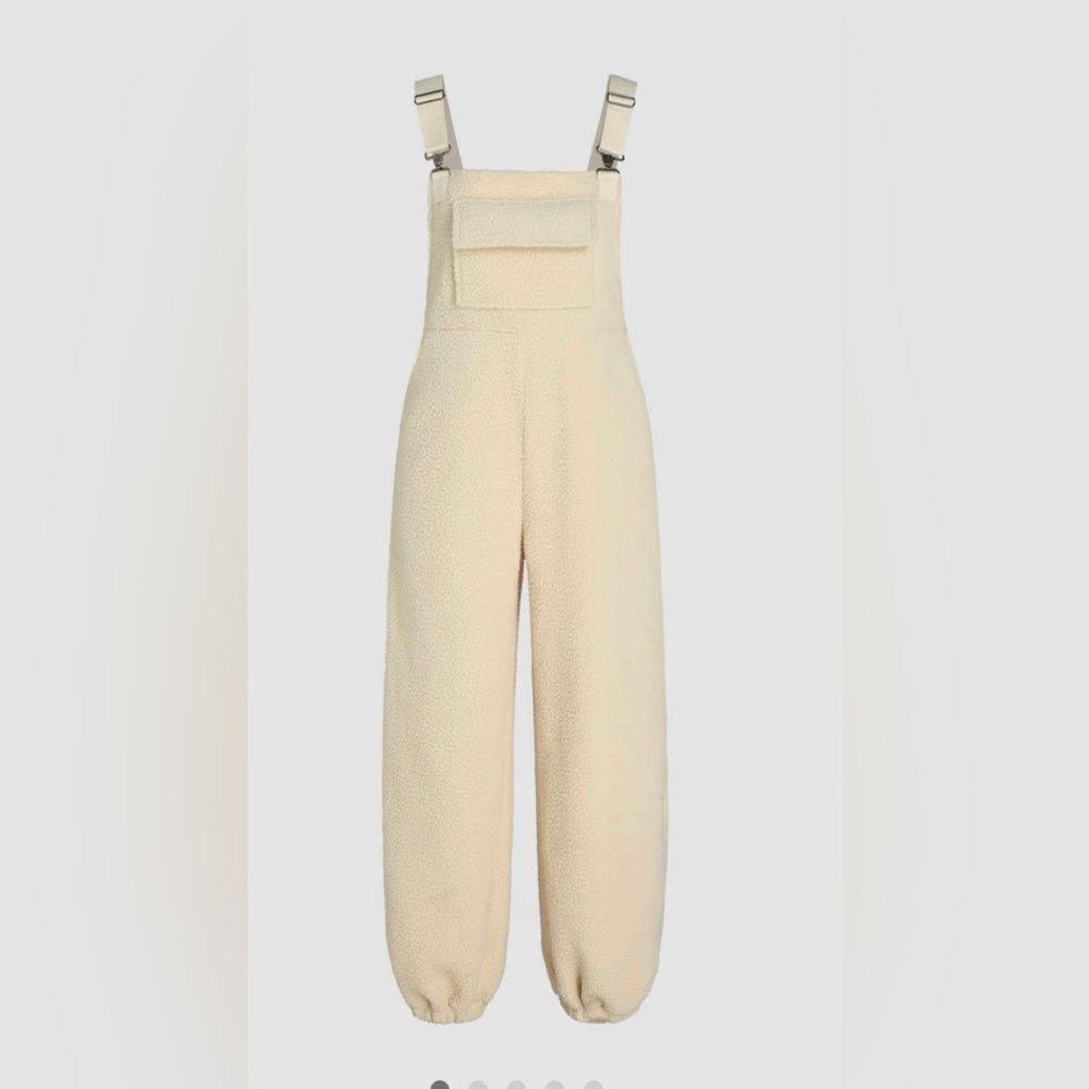 Beige Fleece Pinafore Jogger Jumpsuit